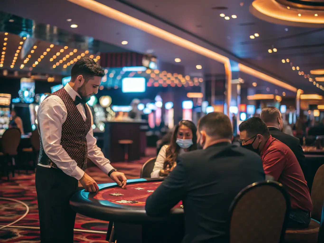A dynamic image of a live dealer interacting with players at a roulette table, capturing the immersive and interactive nature of live casino games.