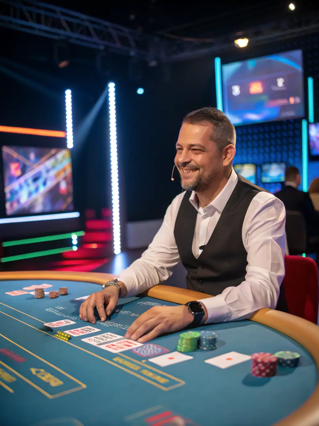 An image showcasing a live dealer in a casino setting, interacting with players, creating a sense of real-time excitement and the chance to win with live casino bonuses.