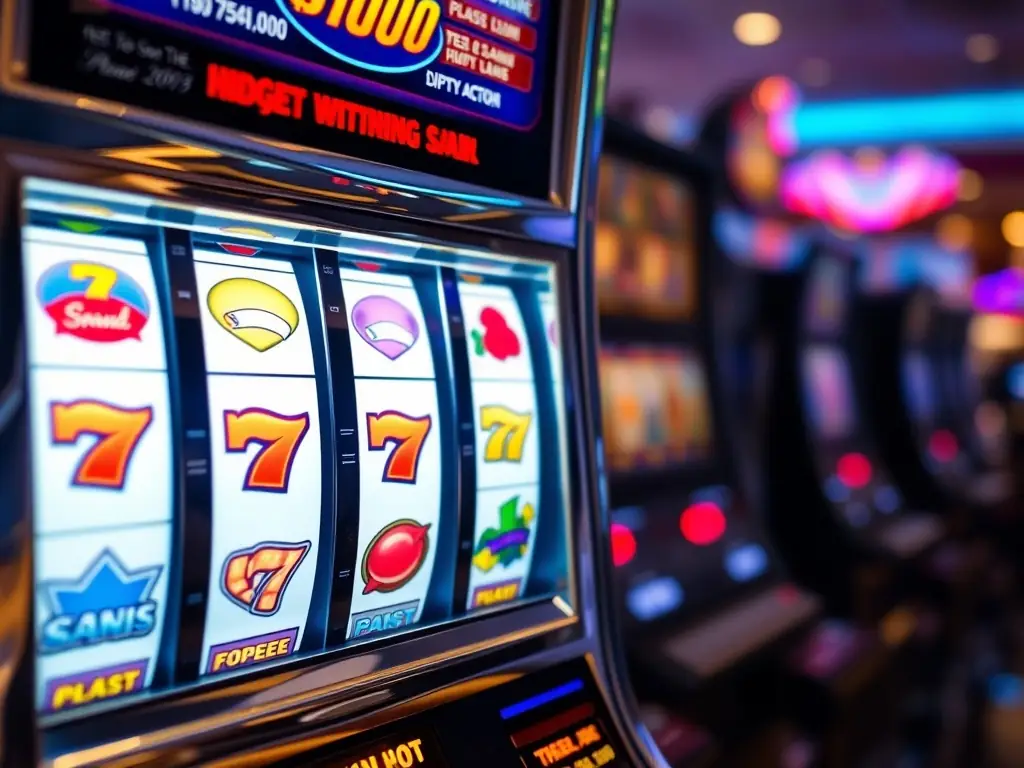 A close-up shot of a slot machine with the reels displaying various winning combinations, emphasizing the excitement and potential rewards of playing slots.