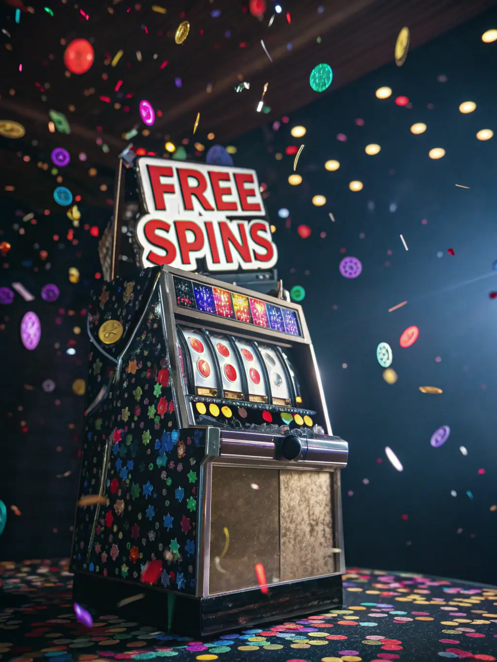 A visually appealing image of a slot machine displaying a 'Bonus' message with celebratory graphics like confetti and gold coins, symbolizing a lucrative bonus offer.