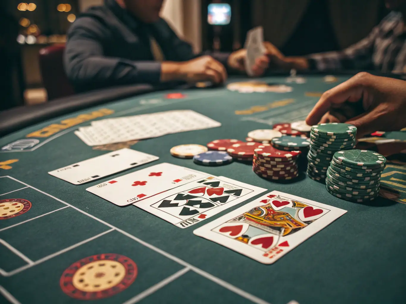 A bird's-eye view of a blackjack table with cards being dealt, showcasing the strategic elements and decision-making involved in the game.